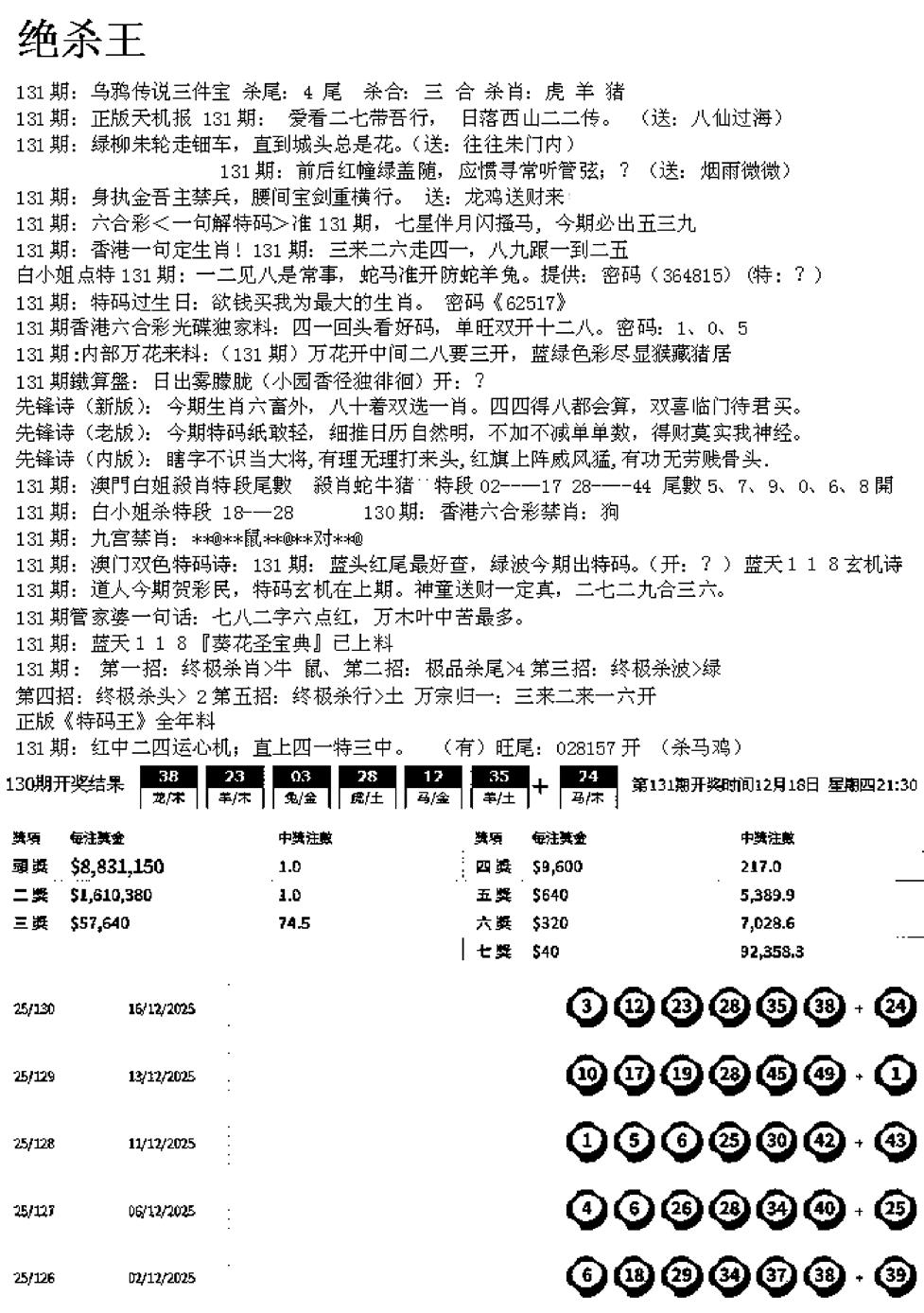 六合彩131期蓝天报B(黑白)