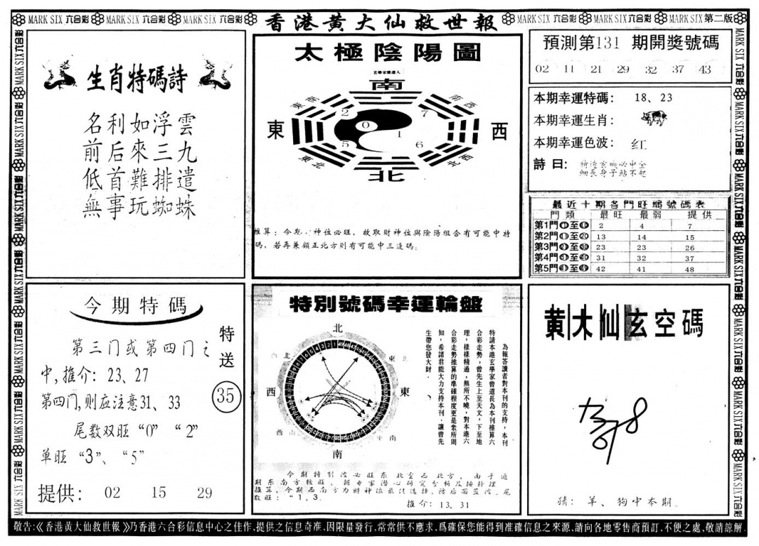六合彩131期另版香港黄大仙B(黑白)