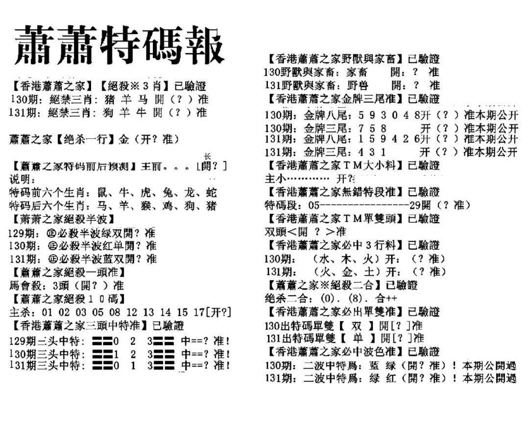 六合彩131期萧萧特码报(黑白)