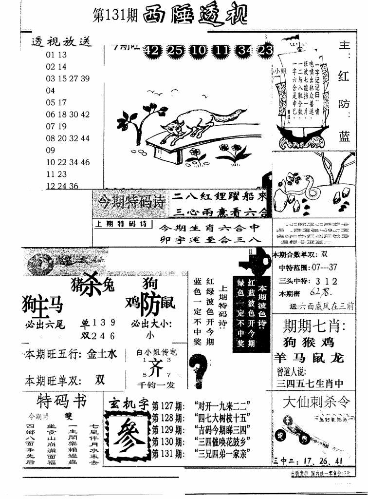 六合彩131期广东西陲透视(新报)(黑白)