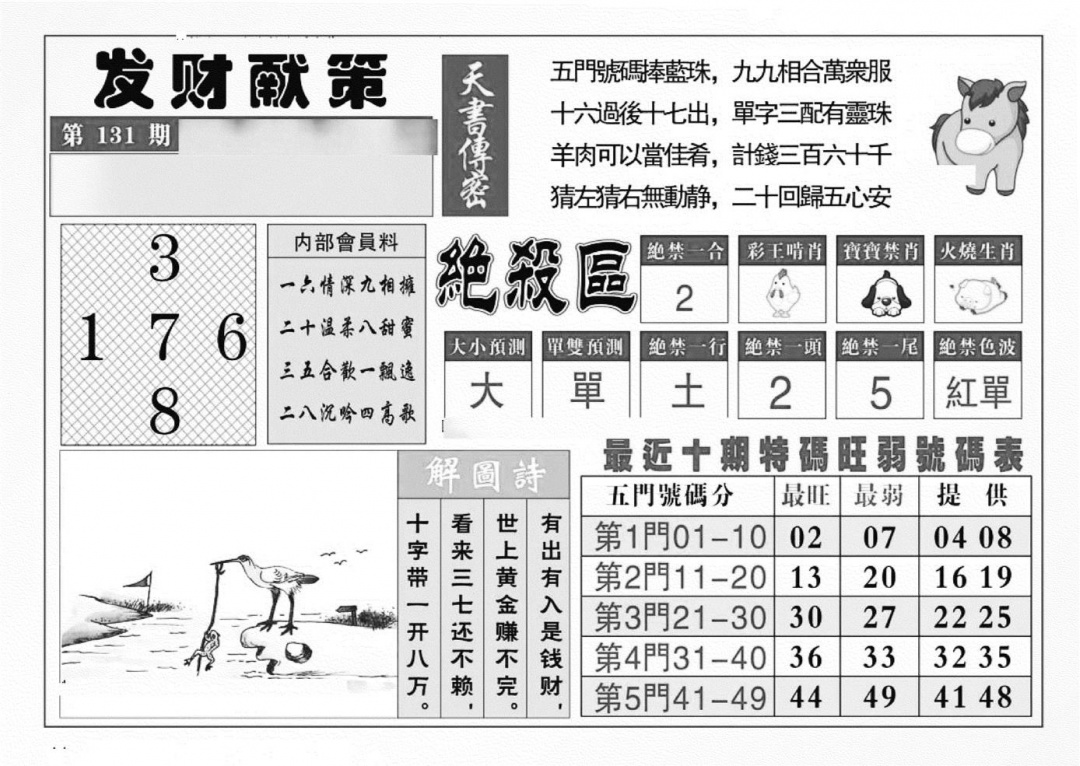 六合彩131期发财献策(特准)(黑白)