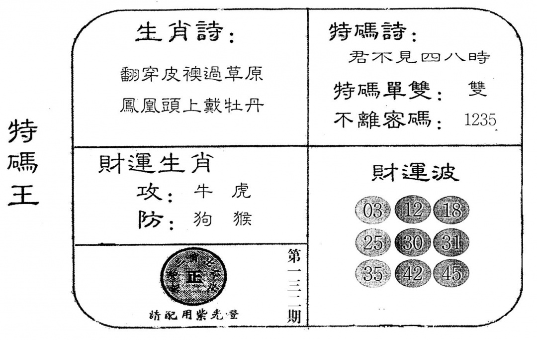 六合彩132期老版特码王(黑白)