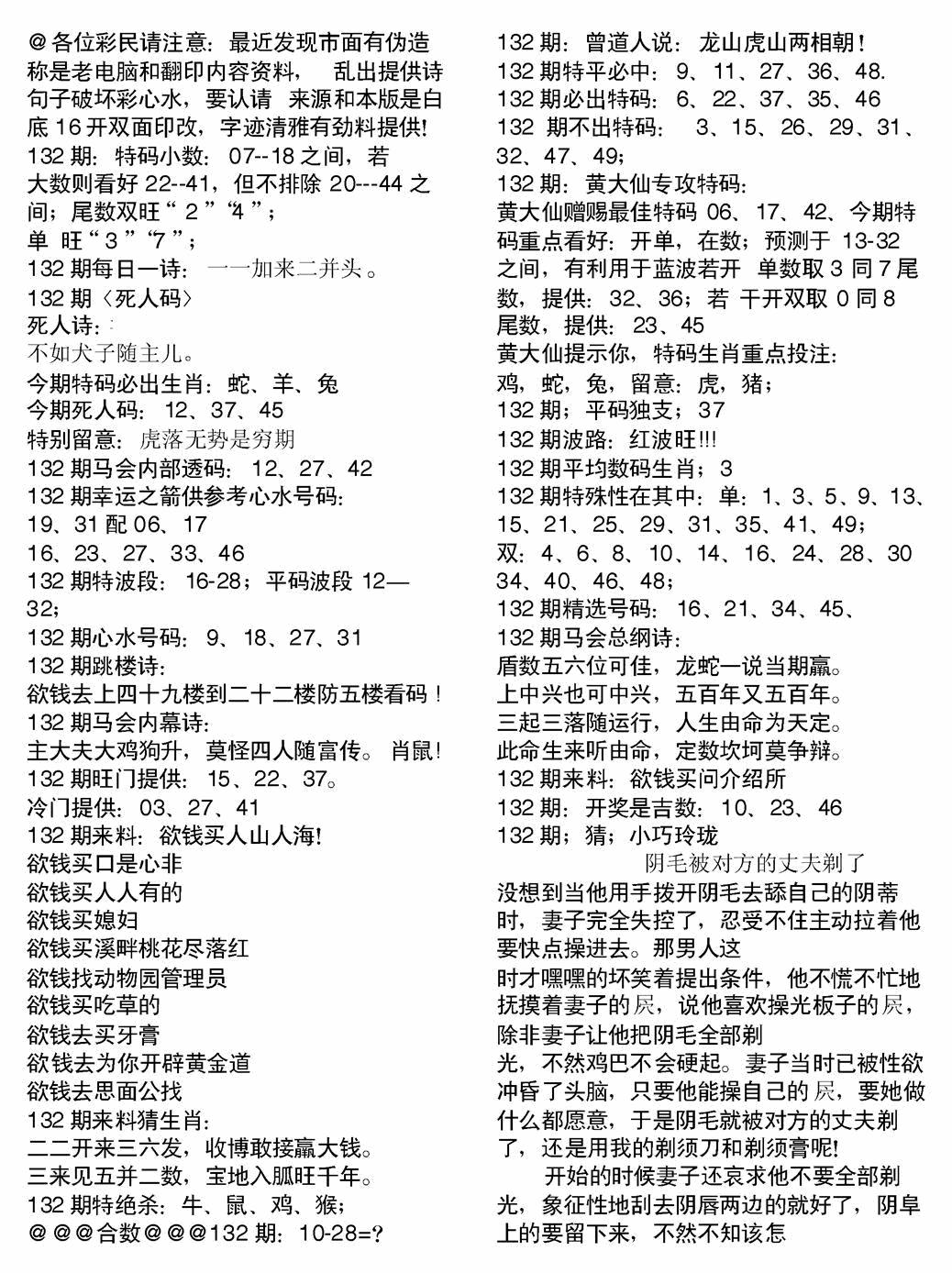 六合彩132期当日电脑综合资料B(黑白)