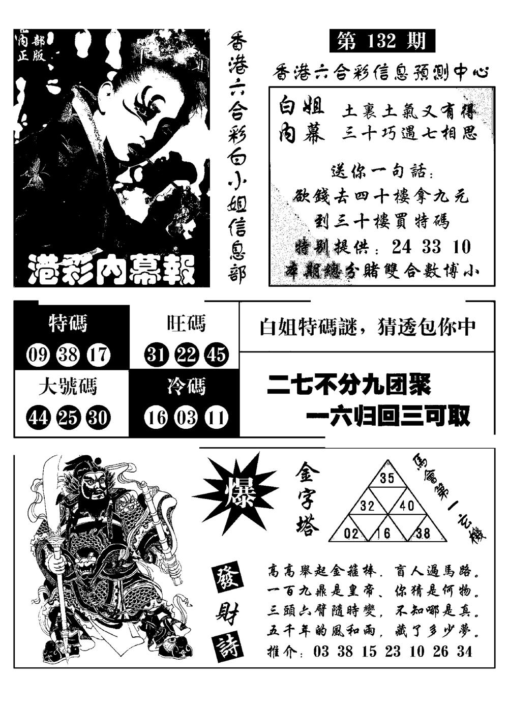 六合彩132期港彩内幕报(黑白)
