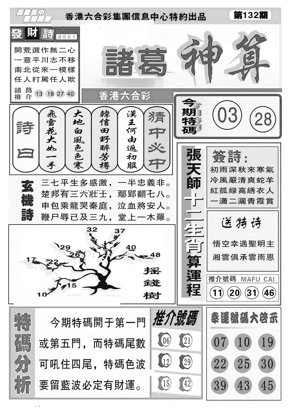 六合彩132期诸葛神算(特准)(黑白)