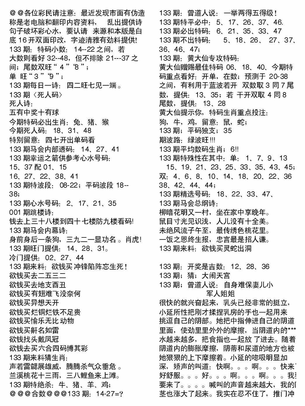 六合彩133期当日电脑综合资料B(黑白)