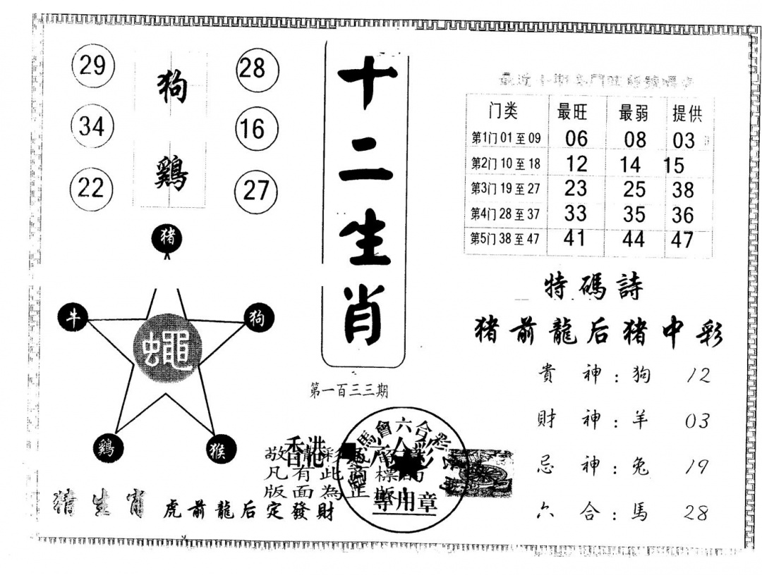 六合彩133期另版十二生肖(黑白)