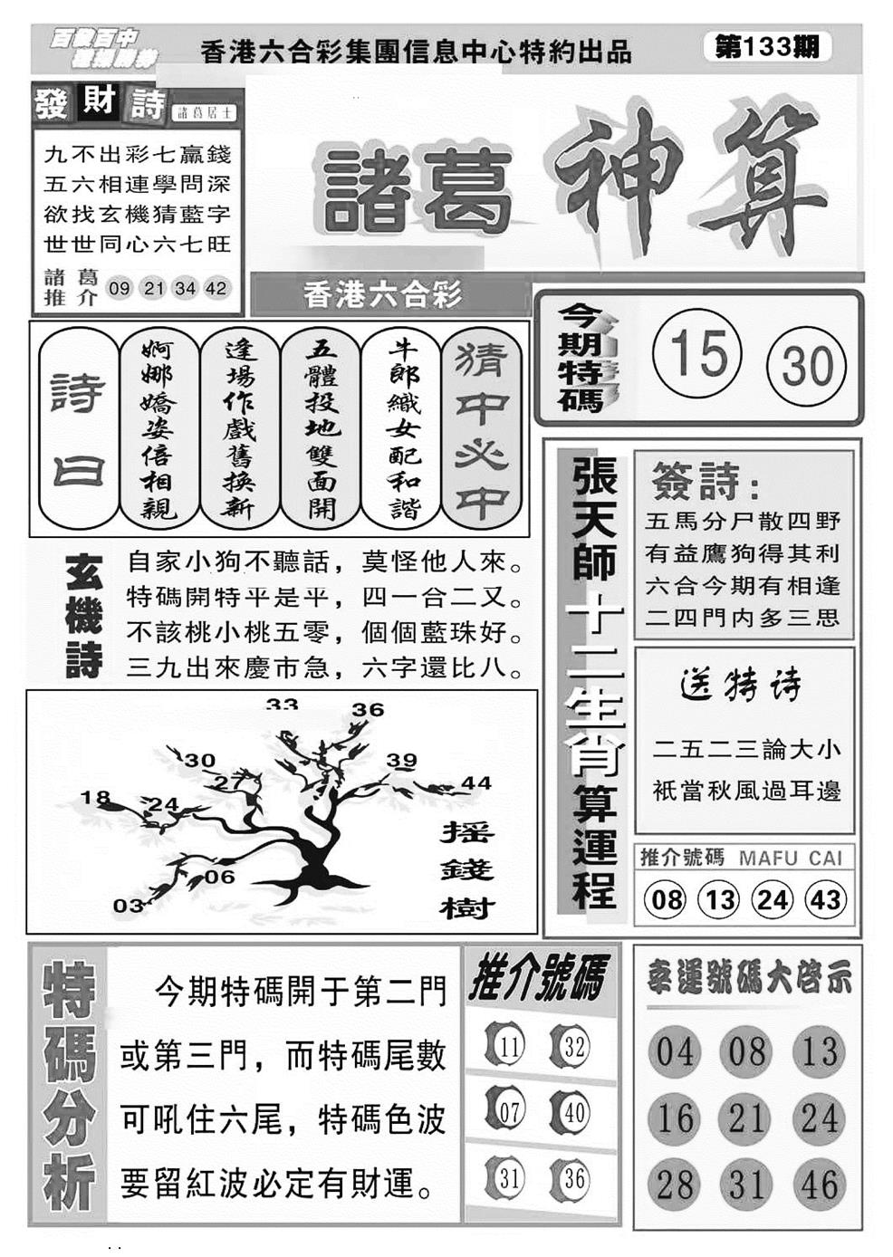 六合彩133期诸葛神算(特准)(黑白)