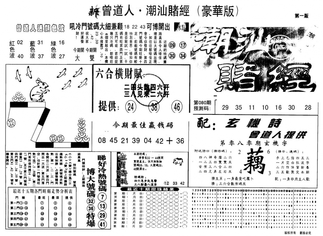六合彩080期另版潮汕赌经濠华版A(黑白)