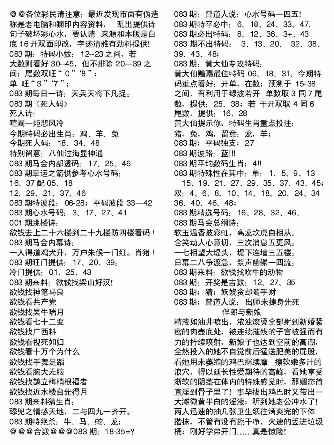 六合彩083期当日电脑综合资料B(黑白)