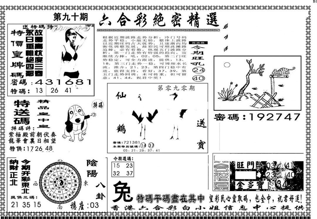 六合彩090期另版白姐绝密精选A(黑白)