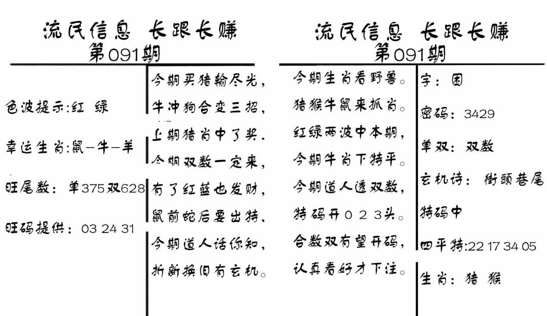 六合彩091期流民信息(黑白)