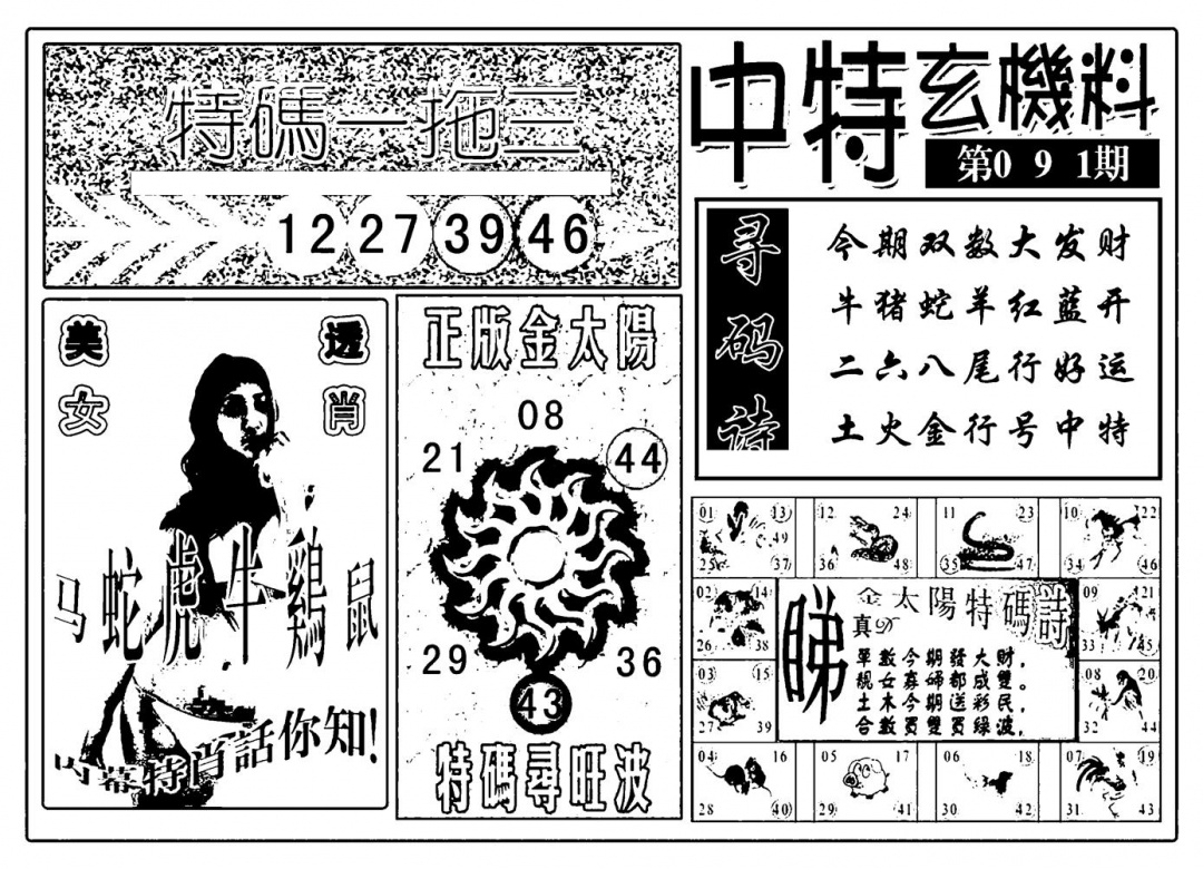 六合彩091期中特玄机料(新图)(黑白)