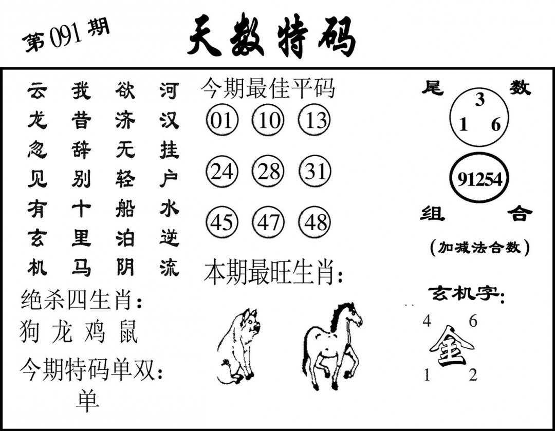 六合彩091期天数特码(黑白)