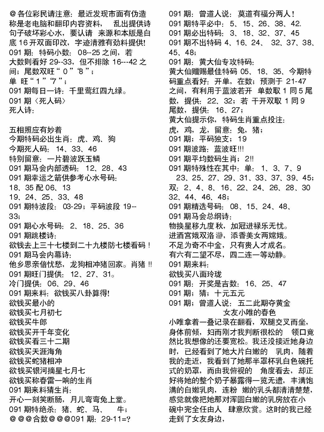 六合彩091期当日电脑综合资料B(黑白)