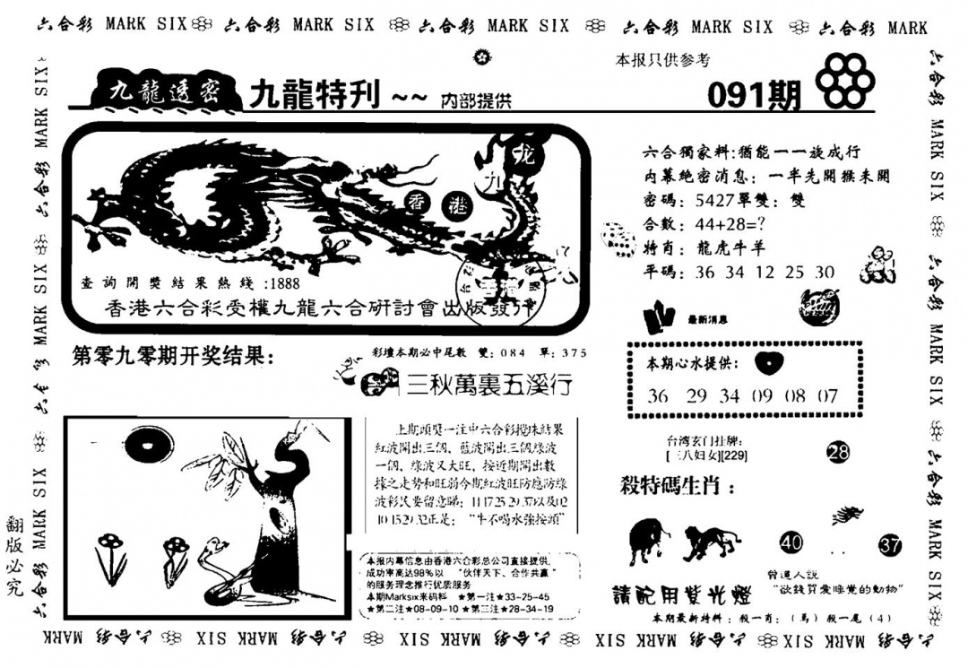 六合彩091期九龙特新刊(黑白)