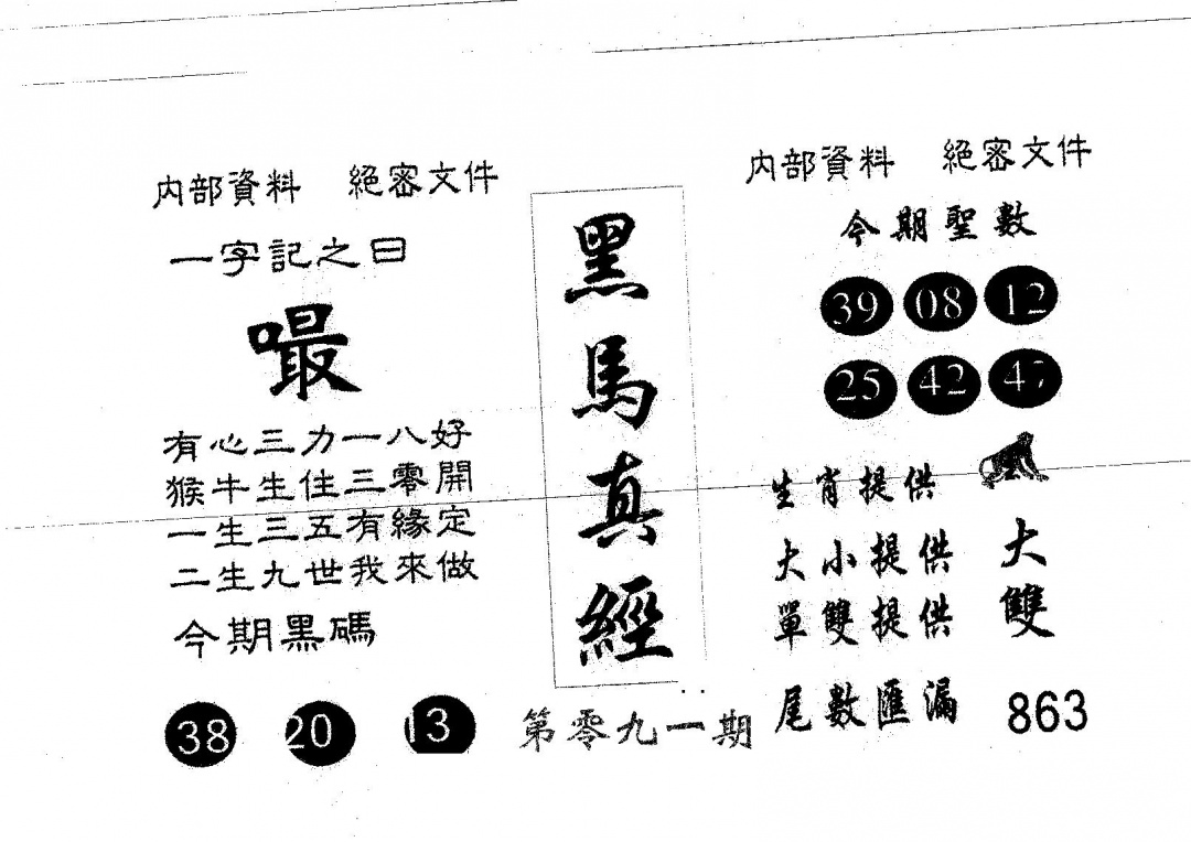 六合彩091期黑马真经(黑白)