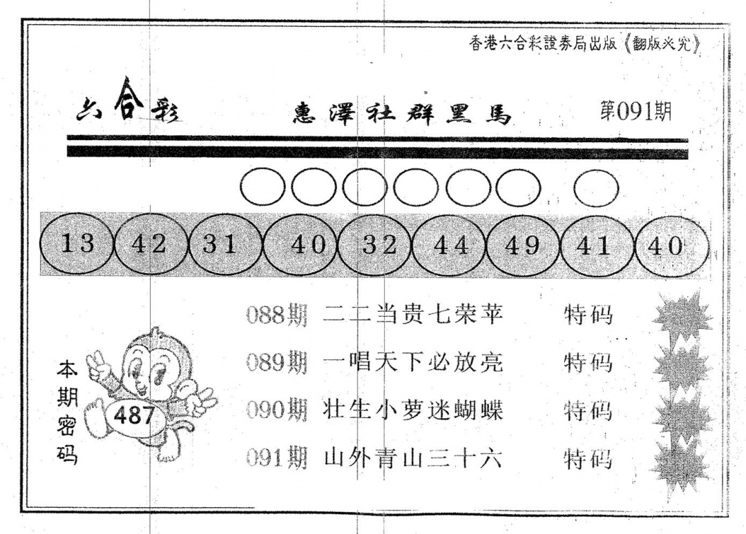 六合彩091期黑马(黑白)