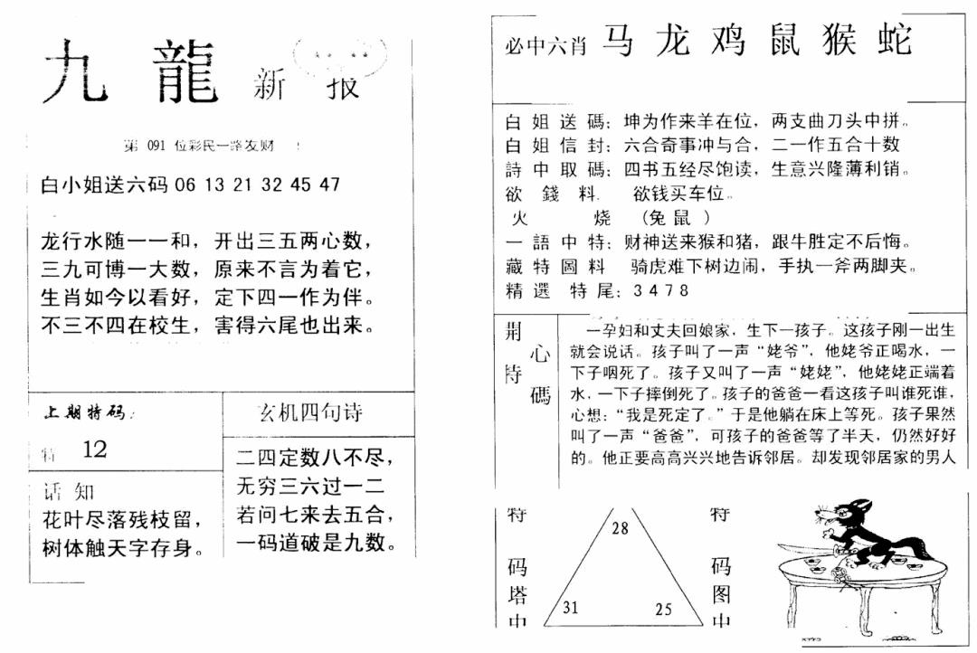 六合彩091期九龙新报(新)(黑白)