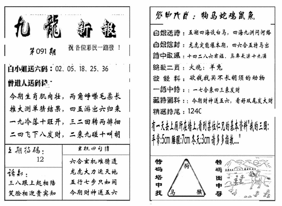 六合彩091期九龙新报(生肖版)(黑白)