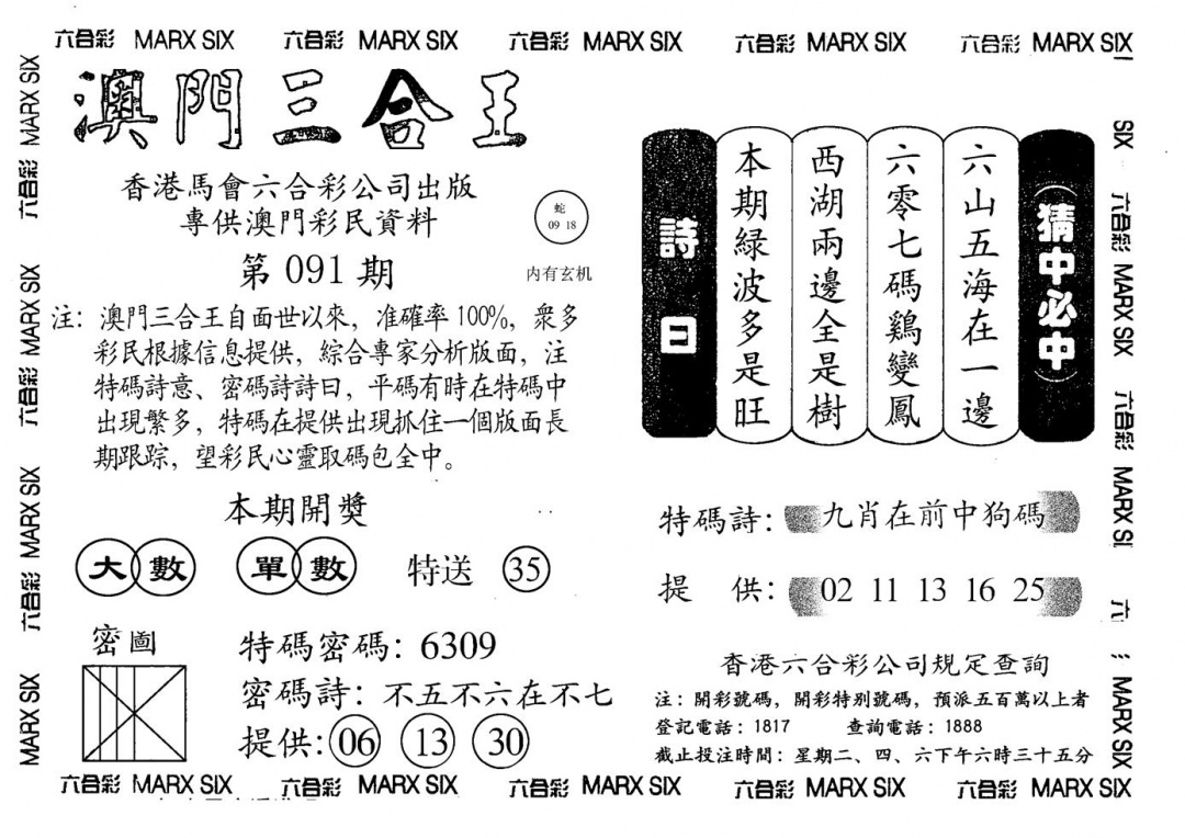 六合彩091期另澳门三合王A(黑白)
