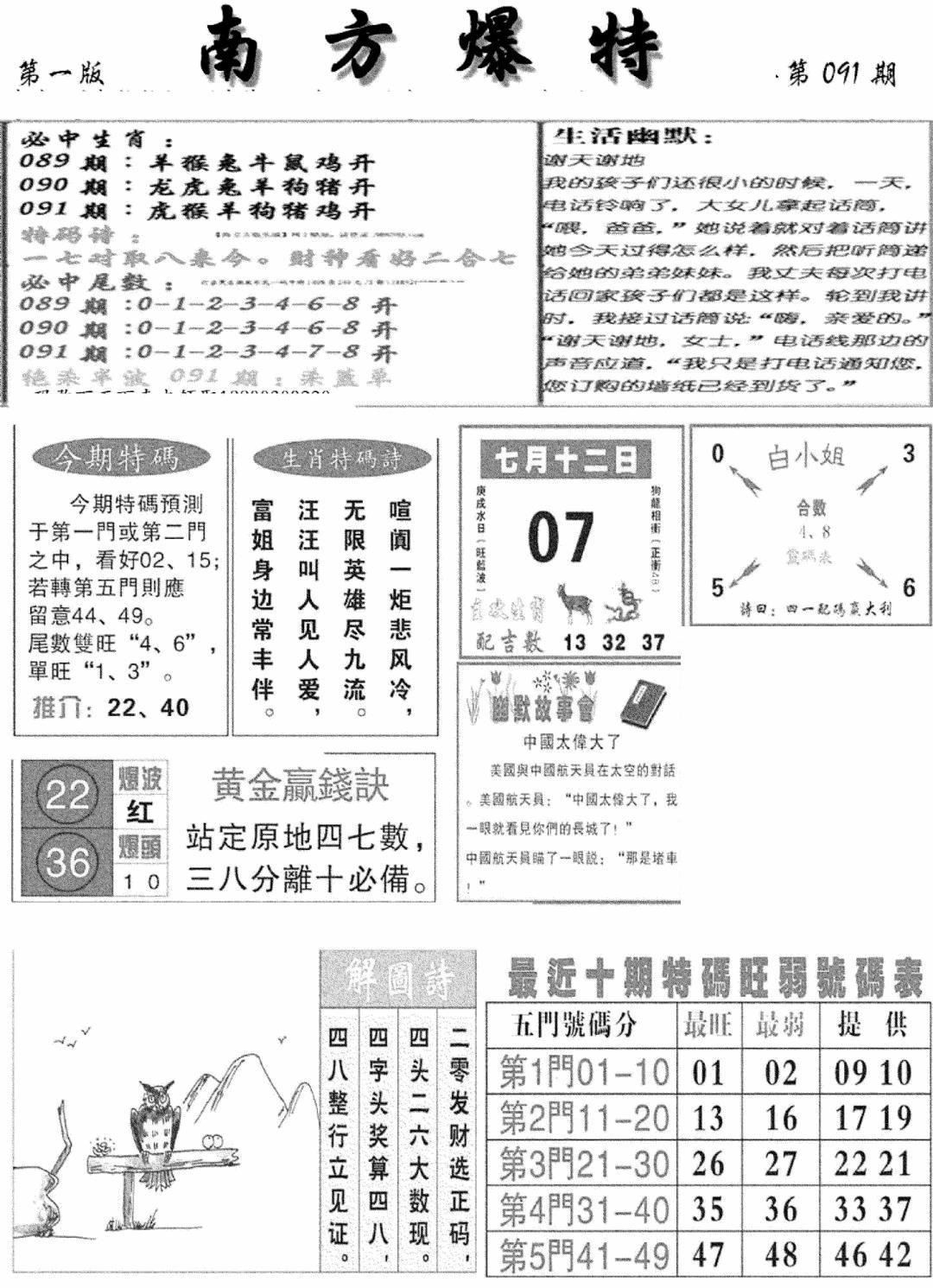 六合彩091期南方爆特A(新图)(黑白)