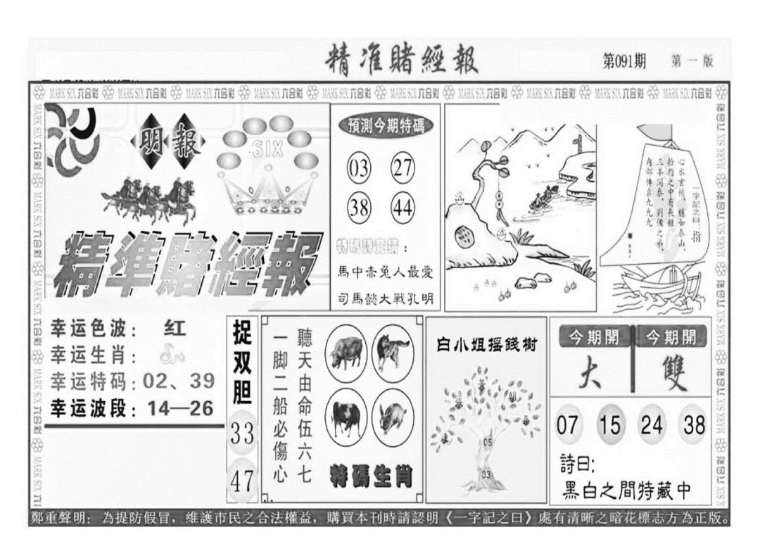 六合彩091期精准赌经报A（新图）(黑白)