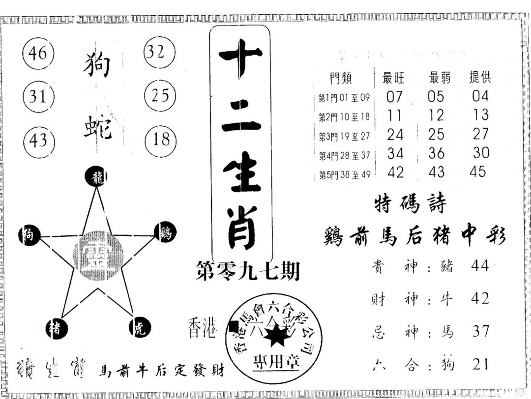六合彩097期十二生肖(黑白)