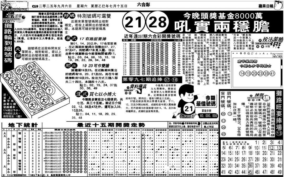 六合彩097期私作苹果报B(自决)(黑白)