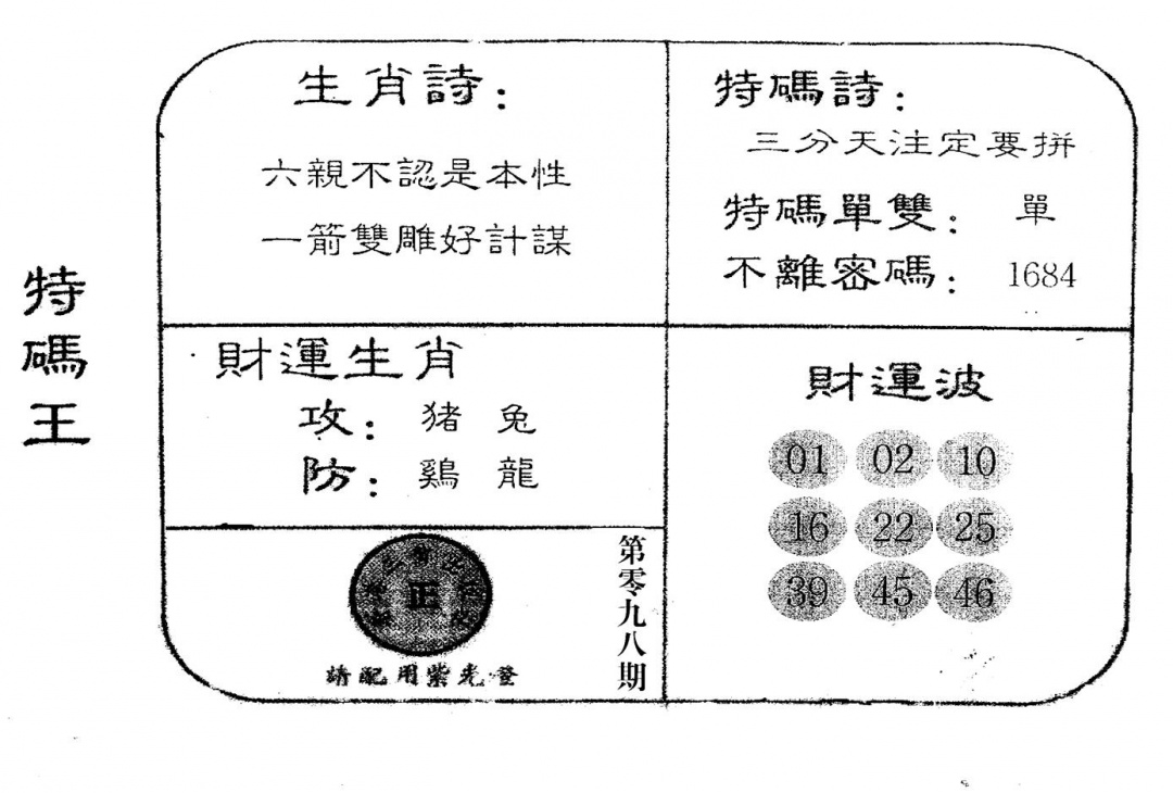 六合彩098期老版特码王(黑白)