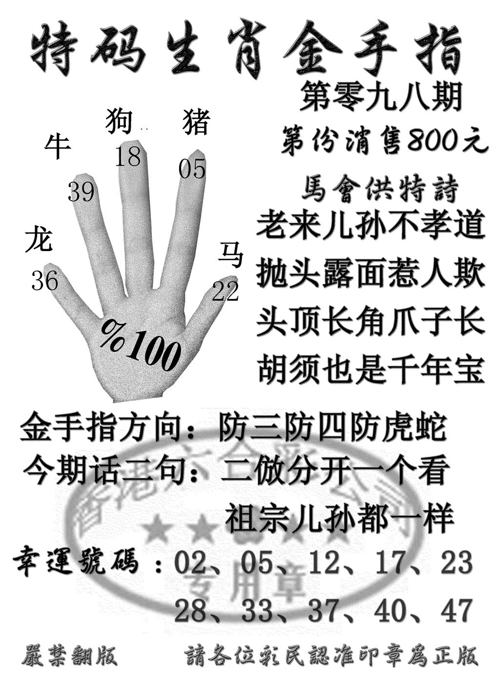 六合彩098期特码金手指(黑白)