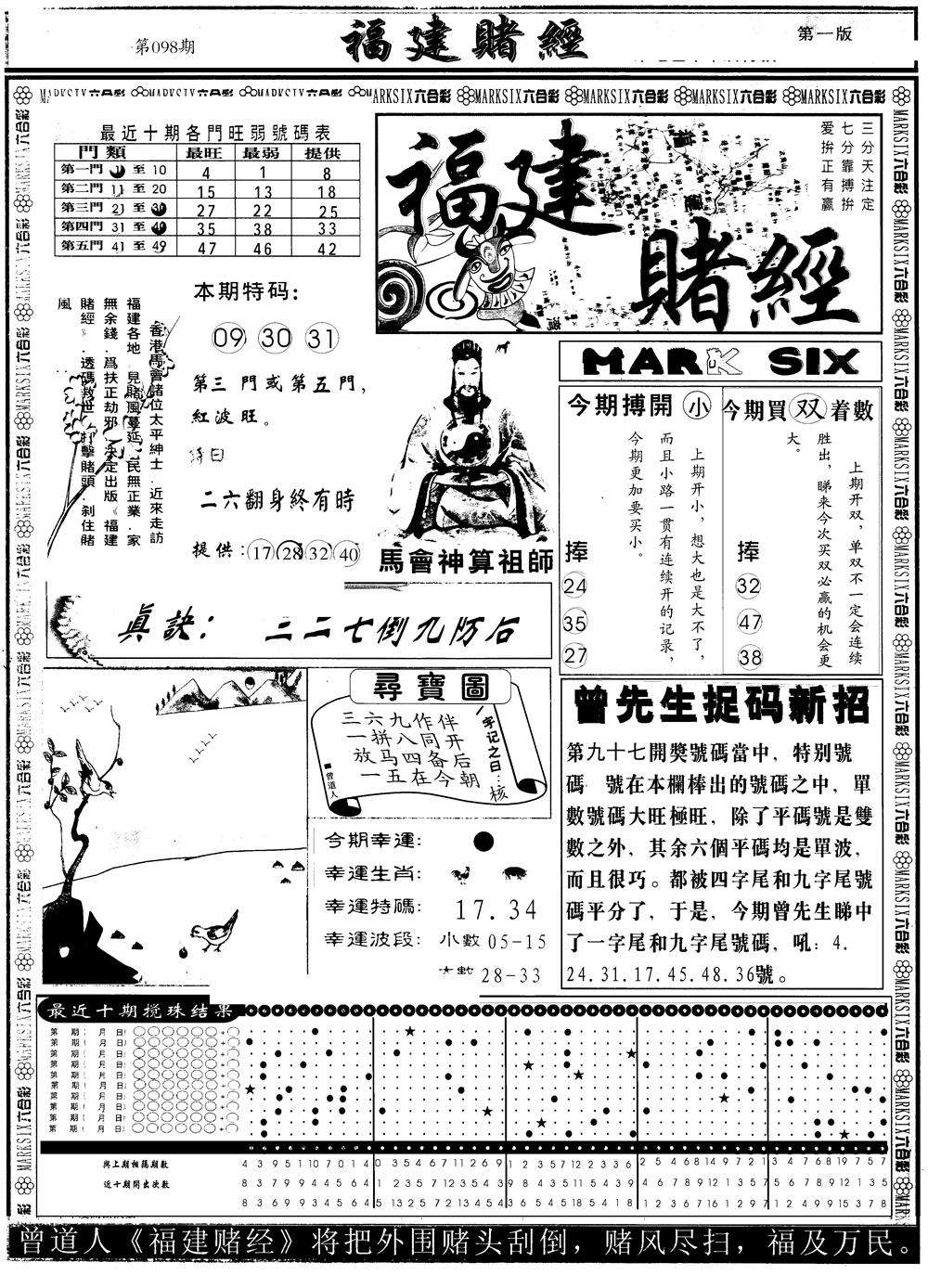 六合彩098期另版福建赌经A(黑白)