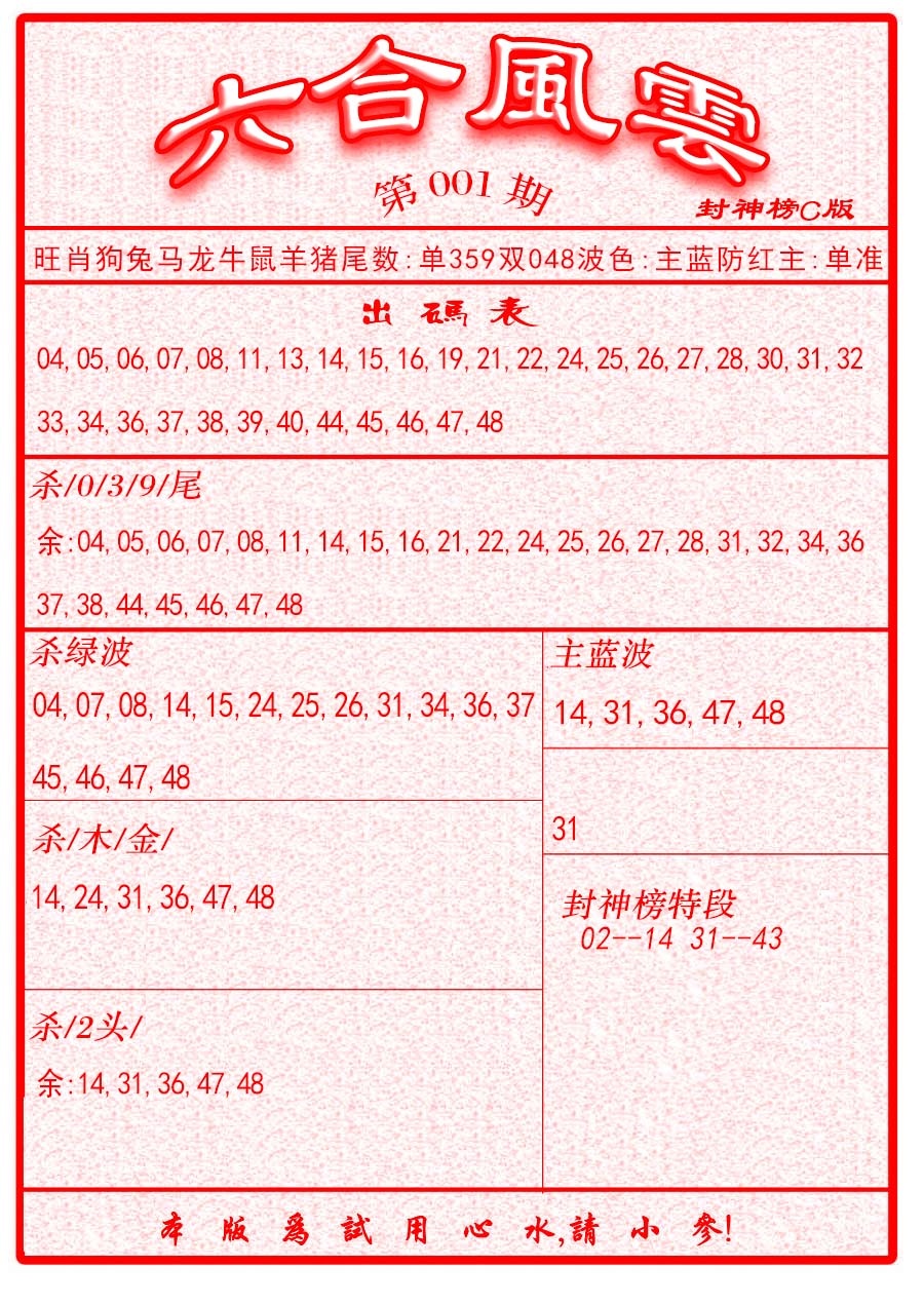 六合彩001期六合风云B面