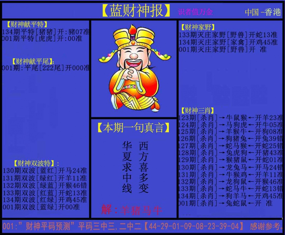 六合彩001期蓝财神