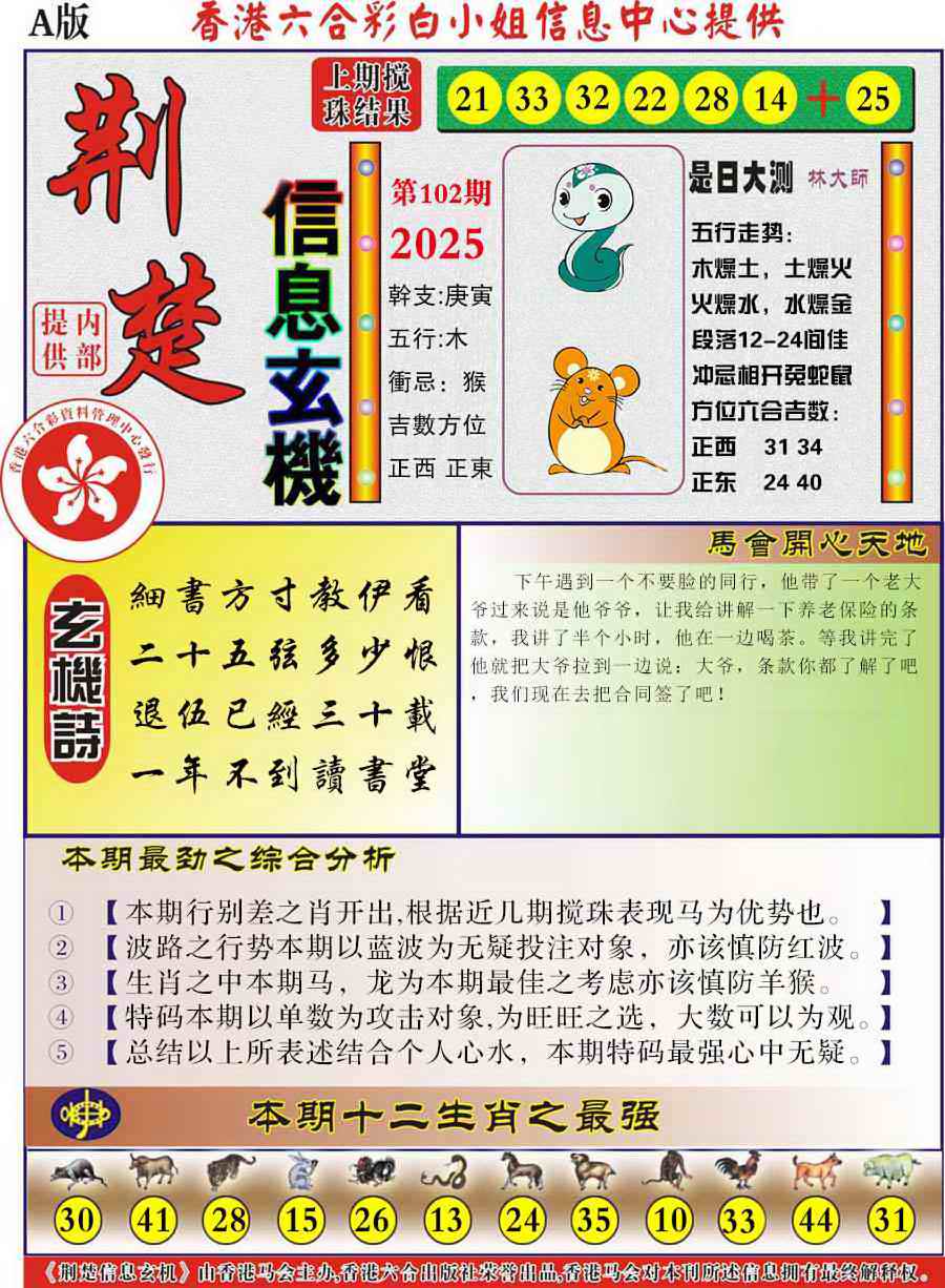 六合彩102期荆楚信息玄机A