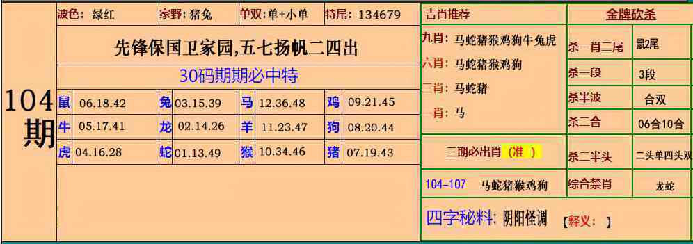 六合彩104期小鱼儿30码期期中