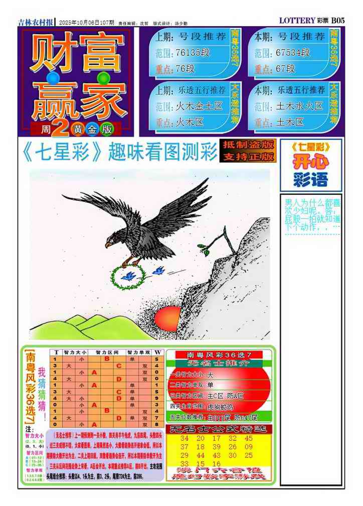 六合彩107期财富赢家（七星彩）