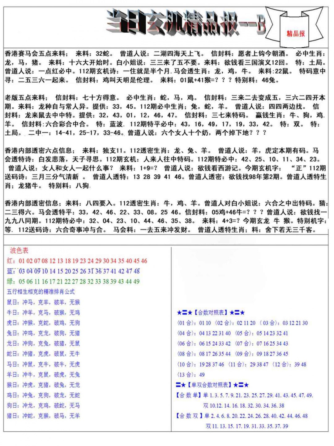 六合彩112期当日玄机精品报B