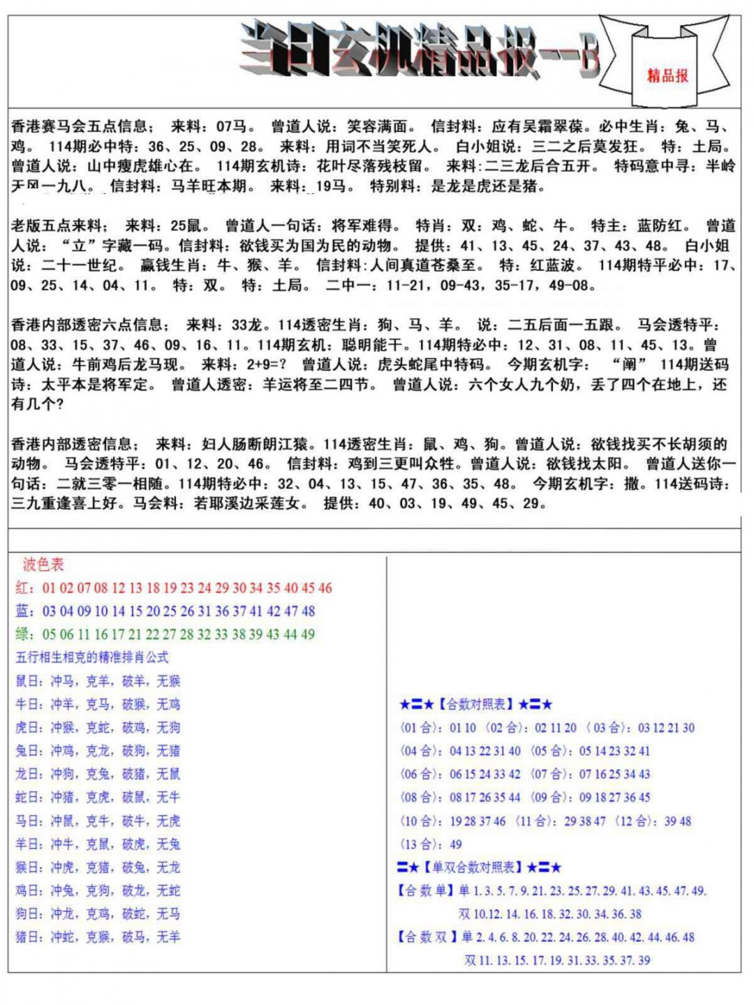 六合彩114期当日玄机精品报B