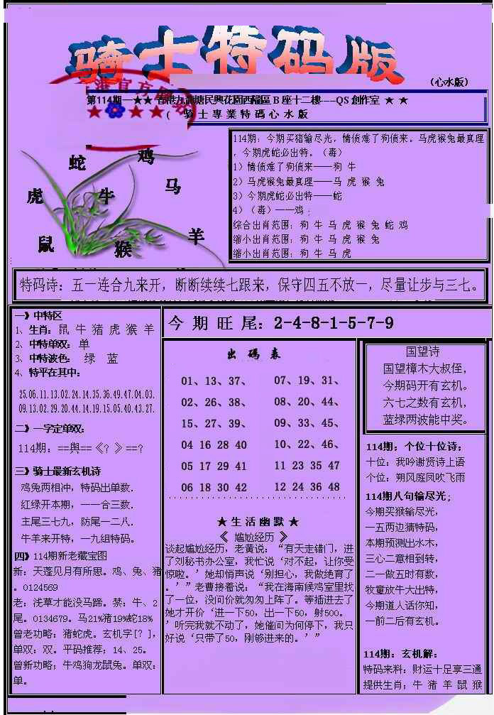 六合彩114期另骑士特码版