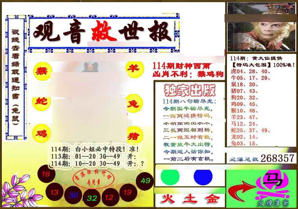 六合彩114期(另版)观音救世密报