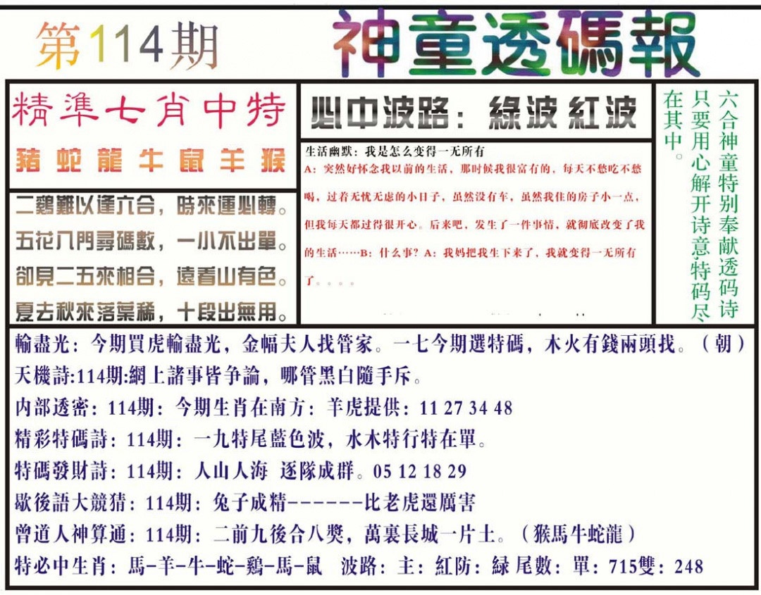 六合彩114期神童透码报(正版)