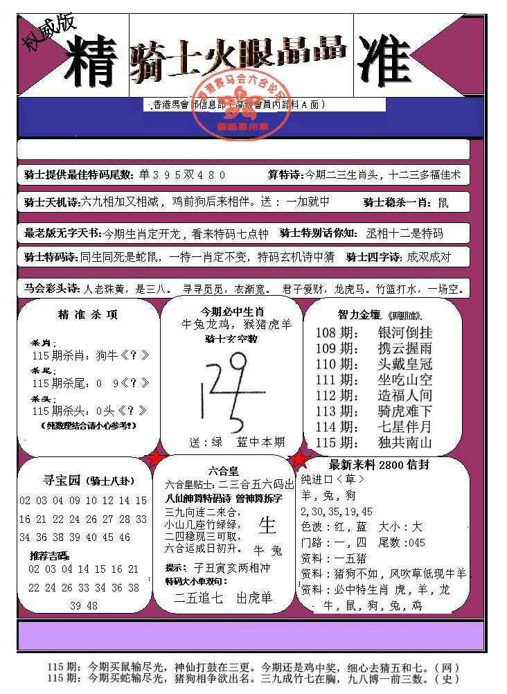 六合彩115期骑士火眼晶晶（正）