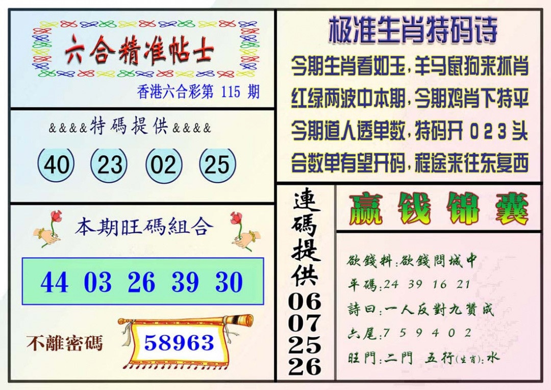 六合彩115期精准贴士