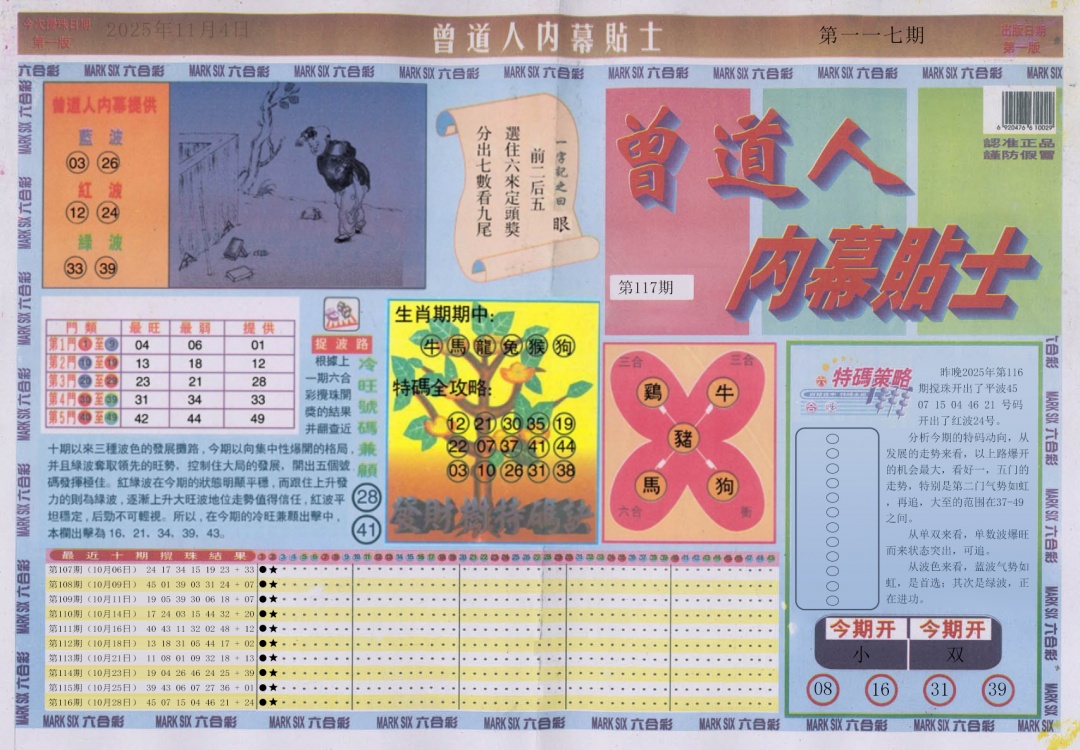 六合彩117期曾道人内幕贴士A