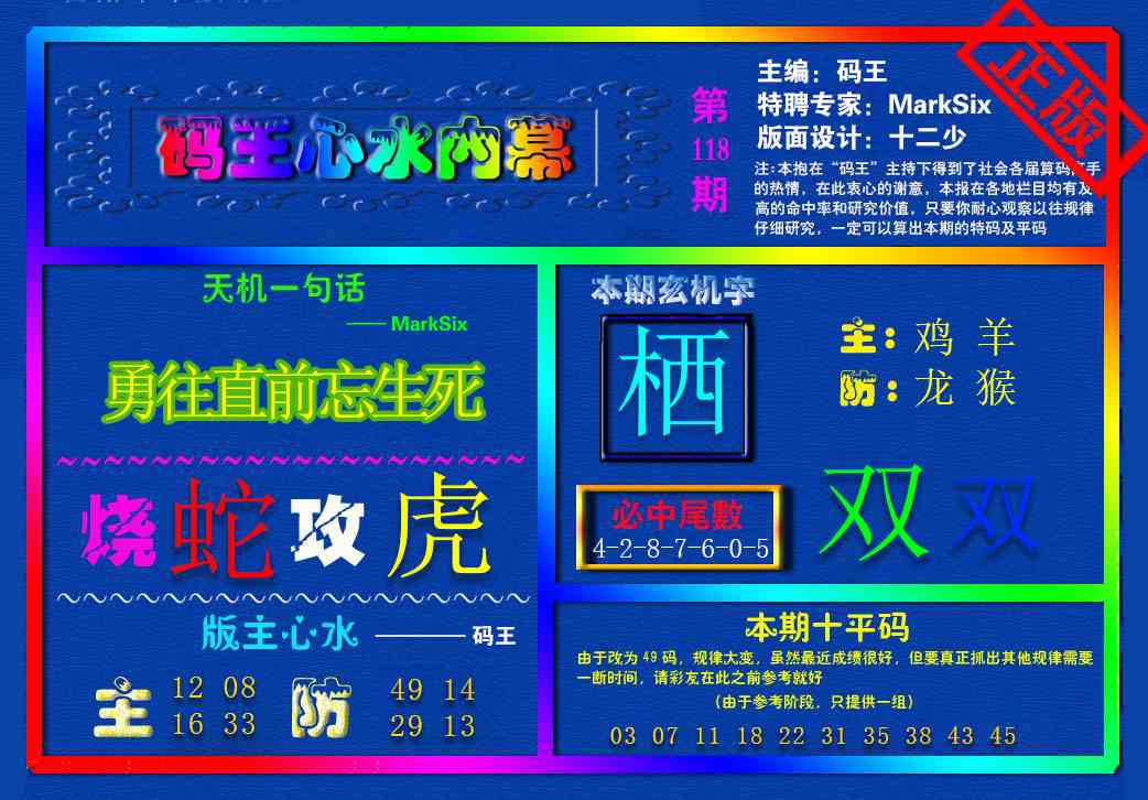 六合彩118期{码王雷锋}内幕报