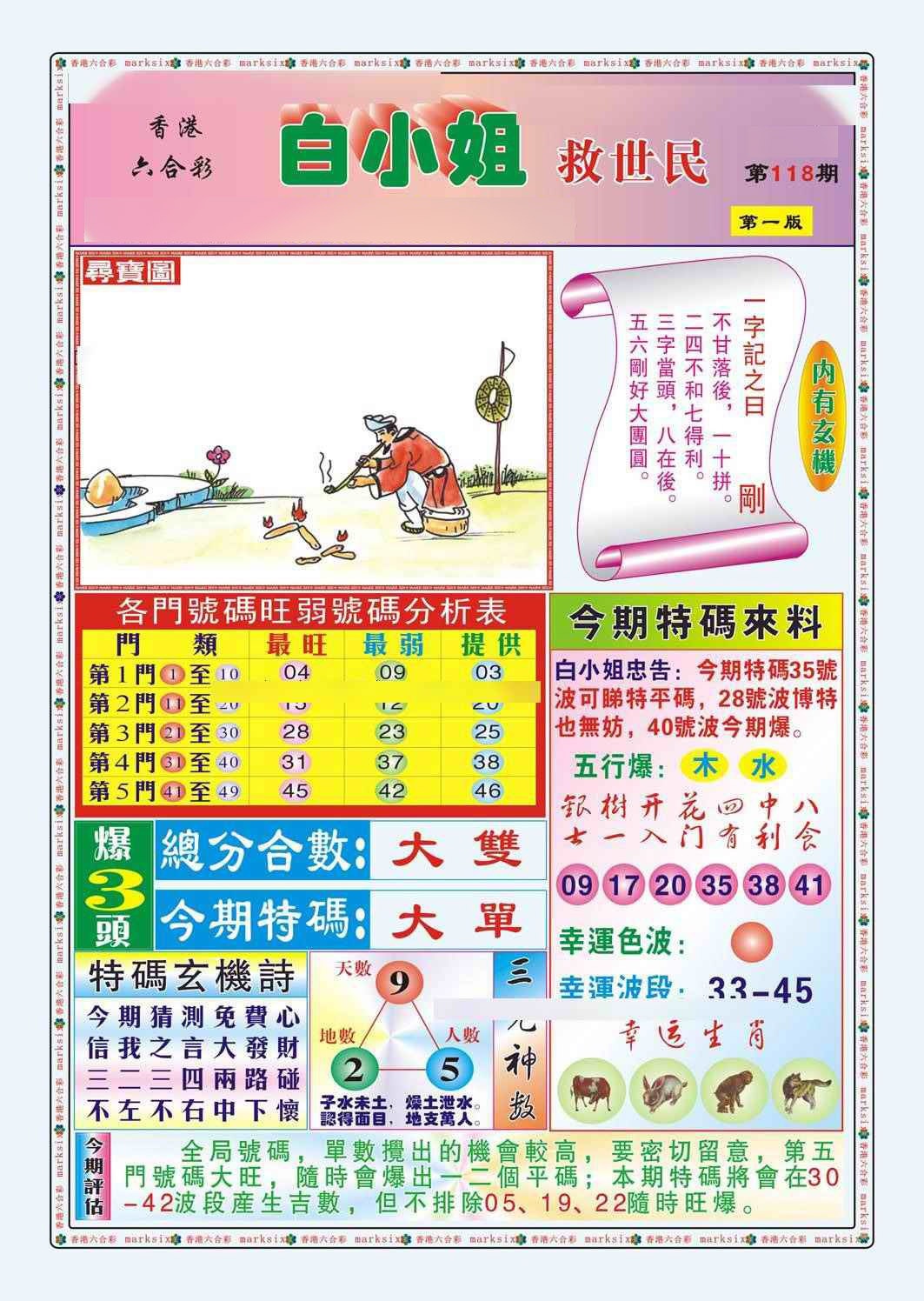 六合彩118期白小姐救世民A（新图）