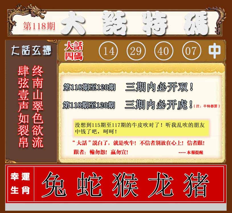 六合彩118期大话特码