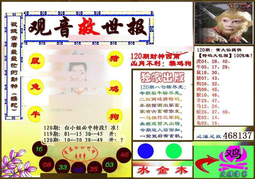 六合彩120期(另版)观音救世密报