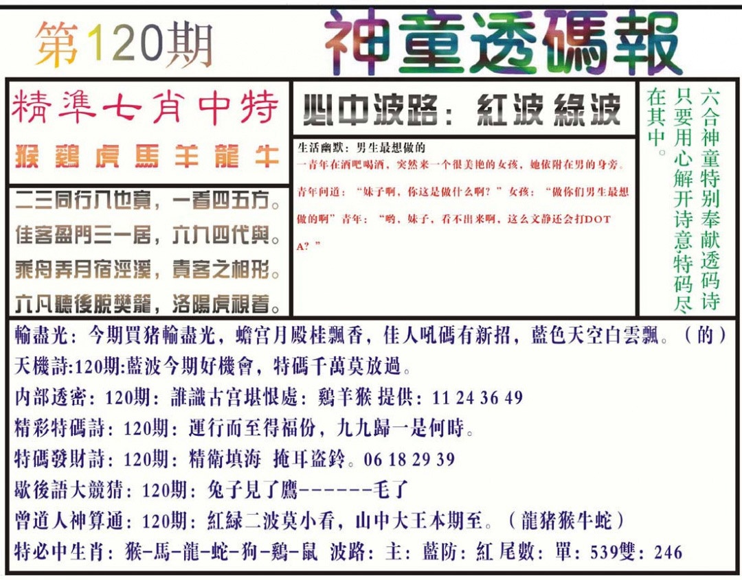 六合彩120期神童透码报(正版)